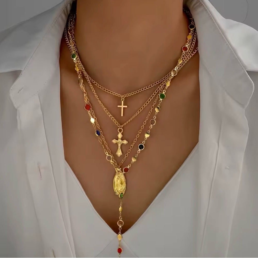 Gold Cross Multi-Layer Religious Pendant Necklace with Multicolor